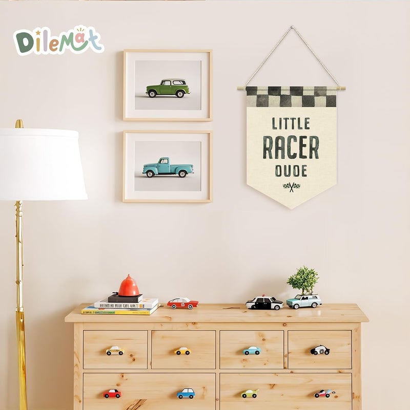 Dilemat Race Car Wall Art,Little Racer Dude Canvas Banner,Lightning Mcqueen Boys Room Pennant Flag Banner Wall Decor,Pixar Cars Room Decor,Nursery Wall Hanging for Kids Toddler Boys Bedroom Playroom - Image 4